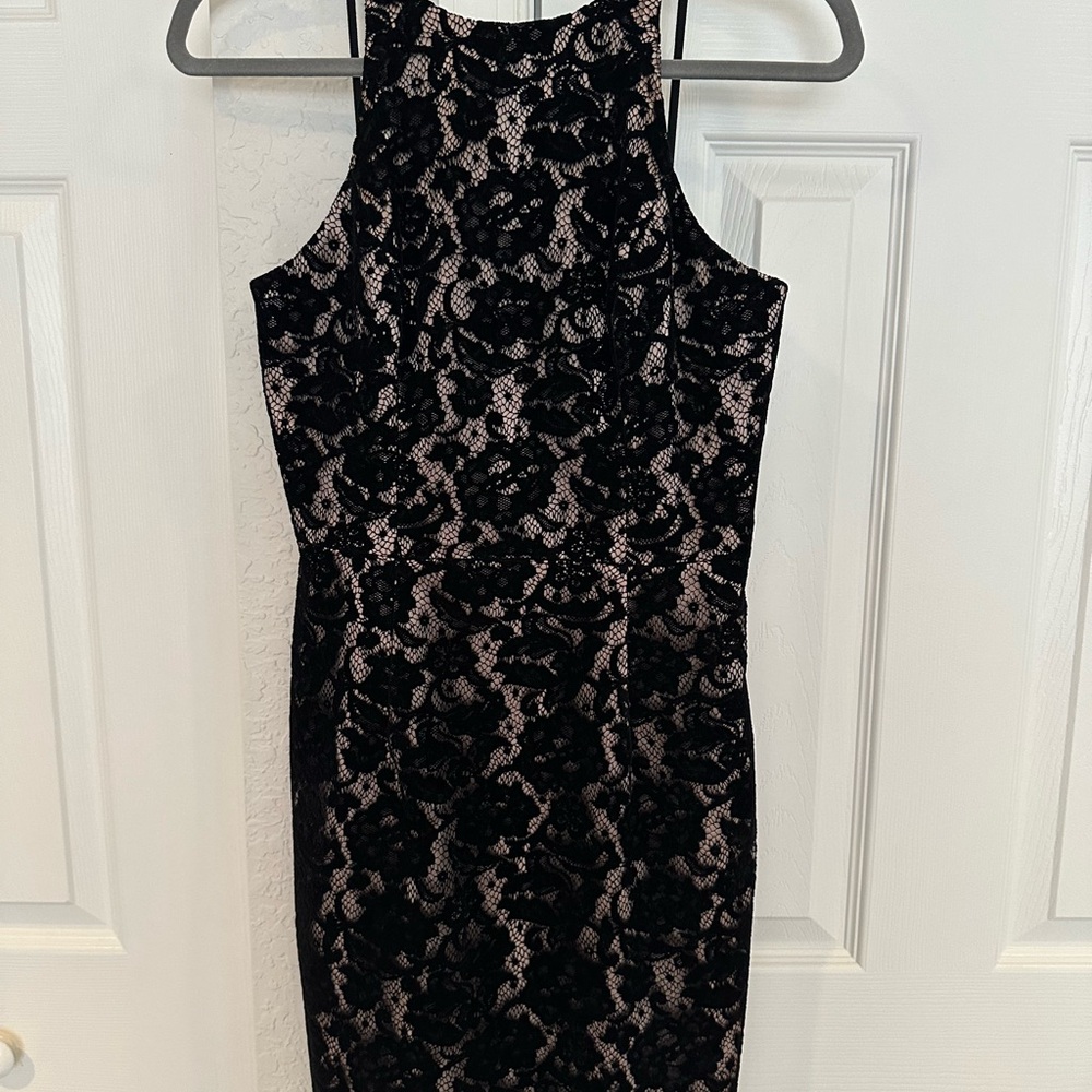 Black Halo Black and Cream Lace Midi Dress